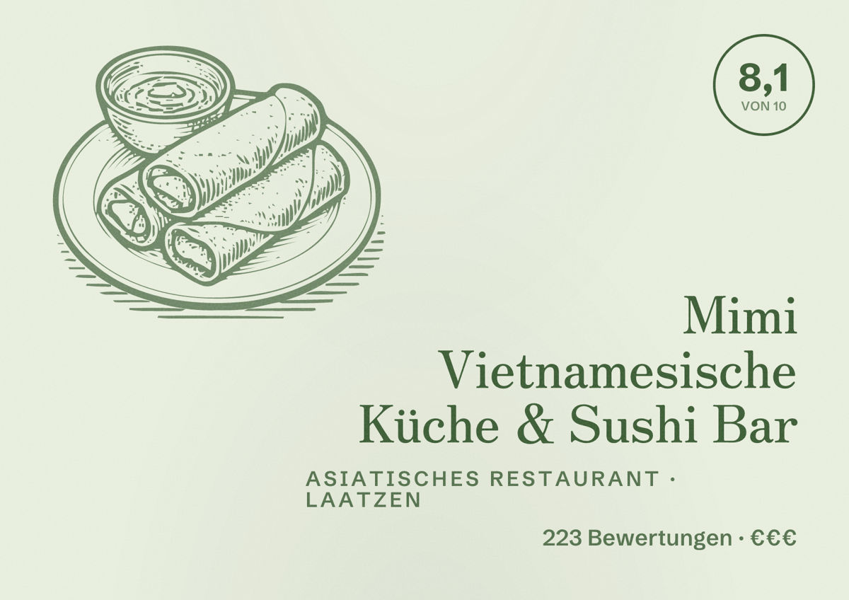 Illustriertes Poster von Mimi Vietnamesische Küche & Sushi Bar, Asiatisches Restaurant in Laatzen: Bewertung 8,1 von 10 aus 223 Bewertungen, Preisniveau €€€