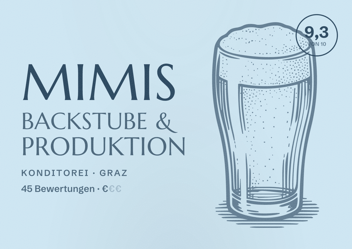 Illustriertes Poster von Mimis Backstube & Produktion, Konditorei in Graz: Bewertung 9,3 von 10 aus 45 Bewertungen, Preisniveau €