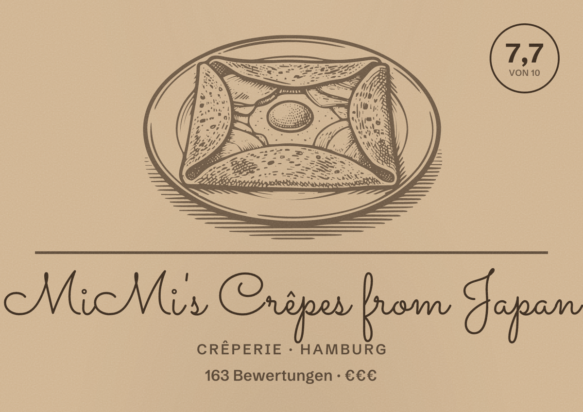 Illustriertes Poster von MiMi's Crêpes from Japan, Crêperie in Hamburg: Bewertung 7,7 von 10 aus 163 Bewertungen, Preisniveau €€€