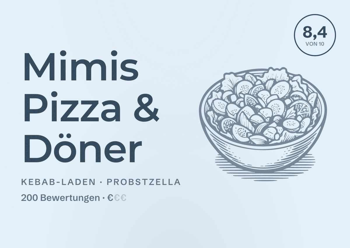 Illustriertes Poster von Mimis Pizza & Döner, Kebab-Laden in Probstzella: Bewertung 8,4 von 10 aus 200 Bewertungen, Preisniveau €
