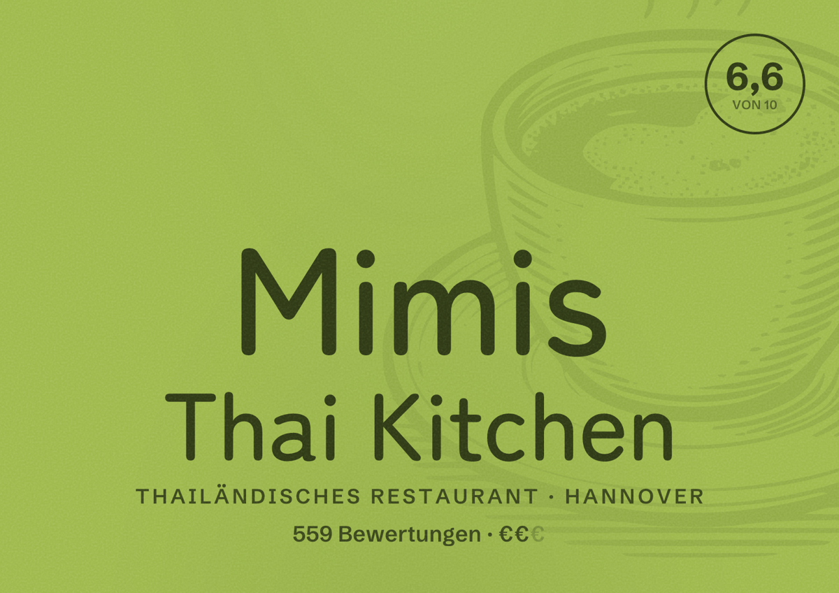 Illustriertes Poster von Mimis Thai Kitchen, Thailändisches Restaurant in Hannover: Bewertung 6,6 von 10 aus 559 Bewertungen, Preisniveau €€