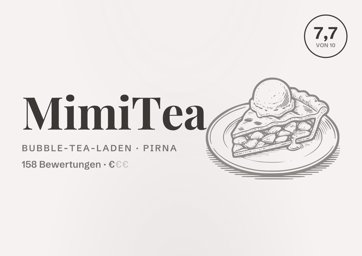 Illustriertes Poster von MimiTea, Bubble-Tea-Laden in Pirna: Bewertung 7,7 von 10 aus 158 Bewertungen, Preisniveau €