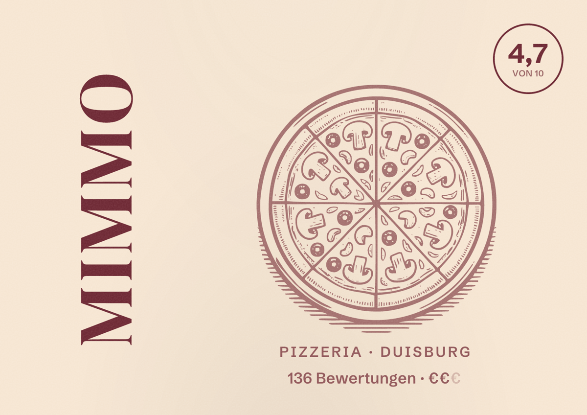 Illustriertes Poster von Mimmo, Pizzeria in Duisburg: Bewertung 4,7 von 10 aus 136 Bewertungen, Preisniveau €€