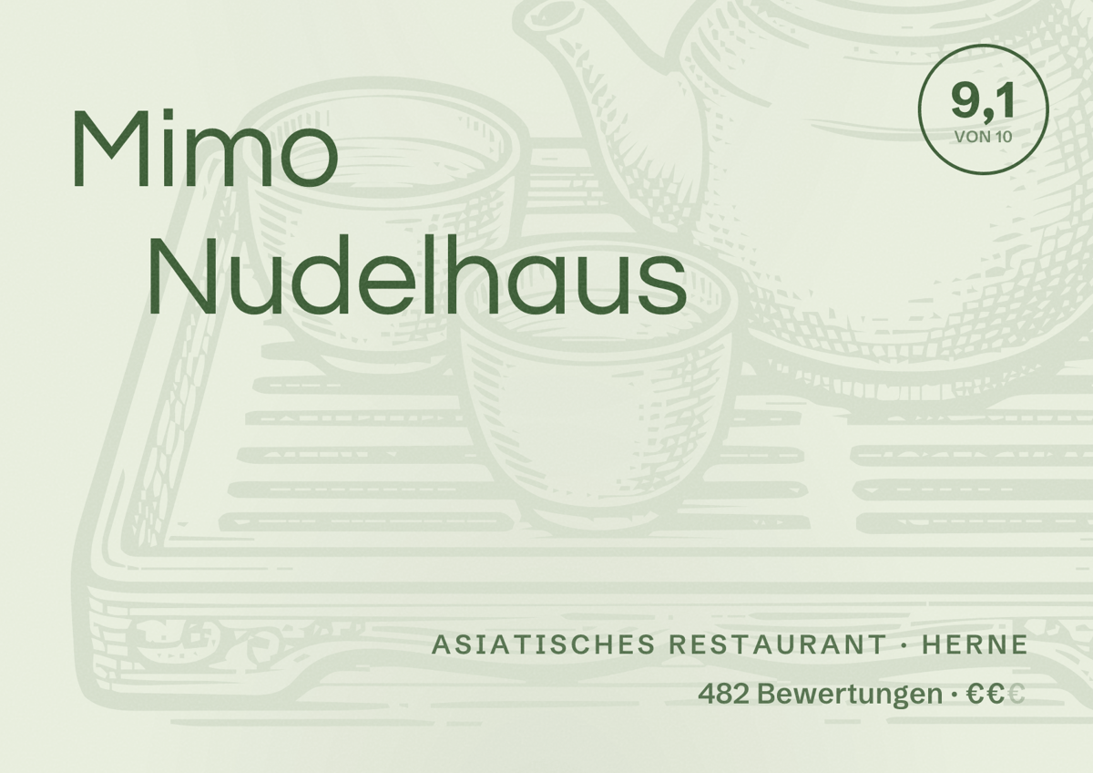 Illustriertes Poster von Mimo Nudelhaus, Asiatisches Restaurant in Herne: Gästebewertung 9,1 von 10 aus 482 Bewertungen