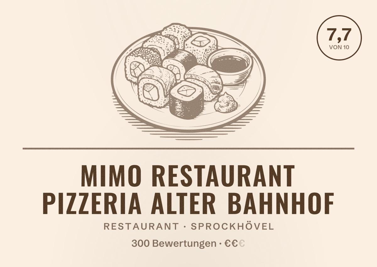 Illustriertes Poster von Mimo Restaurant Pizzeria Alter Bahnhof, Restaurant in Sprockhövel: Bewertung 7,7 von 10 aus 300 Bewertungen, Preisniveau €€