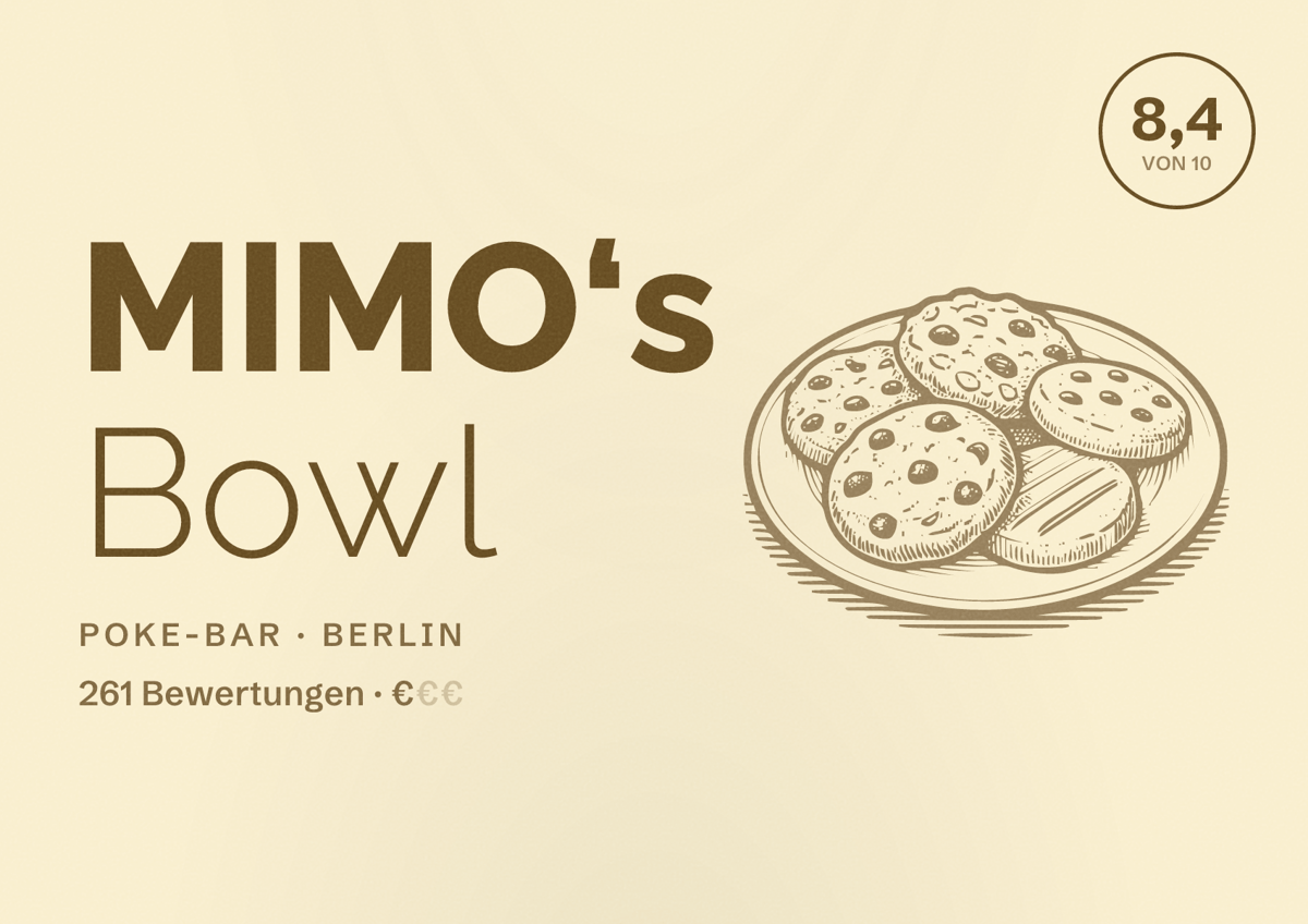 Illustriertes Poster von MIMO‘s Bowl, Poke-Bar in Berlin: Bewertung 8,4 von 10 aus 261 Bewertungen, Preisniveau €