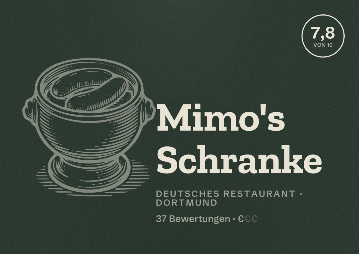 Illustriertes Poster von Mimo's Schranke, Deutsches Restaurant in Dortmund: Bewertung 7,8 von 10 aus 37 Bewertungen, Preisniveau €