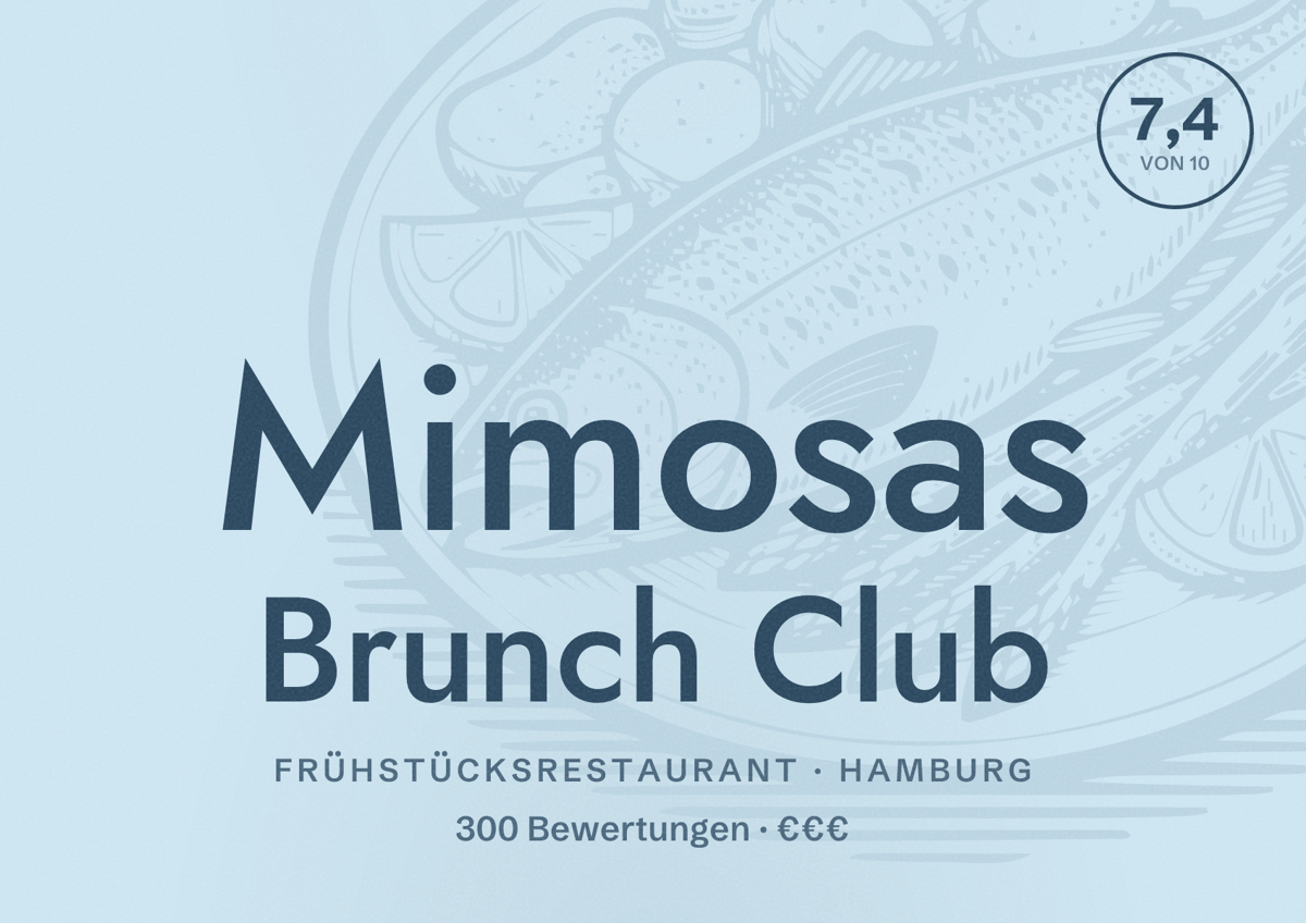 Illustriertes Poster von Mimosas Brunch Club, Frühstücksrestaurant in Hamburg: Bewertung 7,4 von 10 aus 300 Bewertungen, Preisniveau €€€