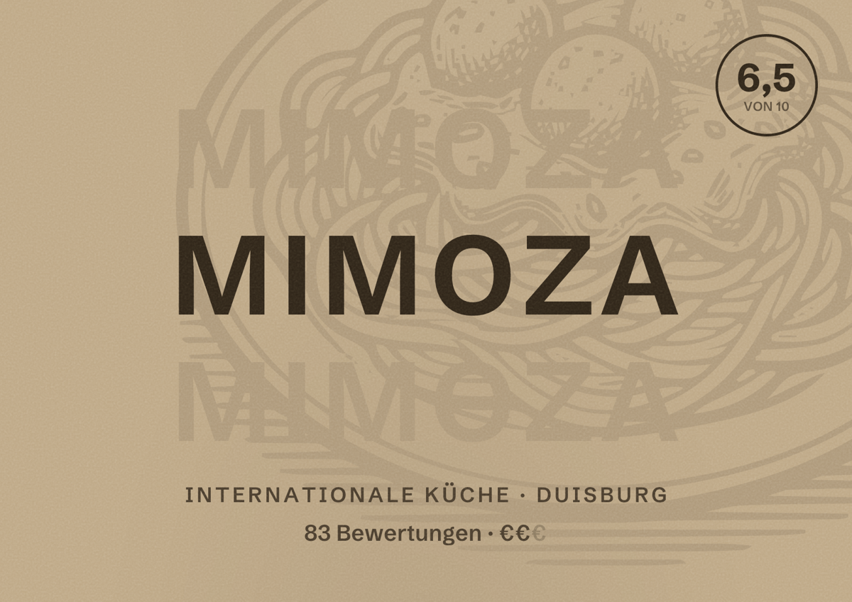 Illustriertes Poster von Mimoza, Internationale Küche in Duisburg: Bewertung 6,5 von 10 aus 83 Bewertungen, Preisniveau €€