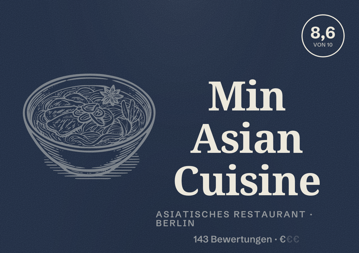 Illustriertes Poster von Min Asian Cuisine, Asiatisches Restaurant in Berlin: Bewertung 8,6 von 10 aus 143 Bewertungen, Preisniveau €