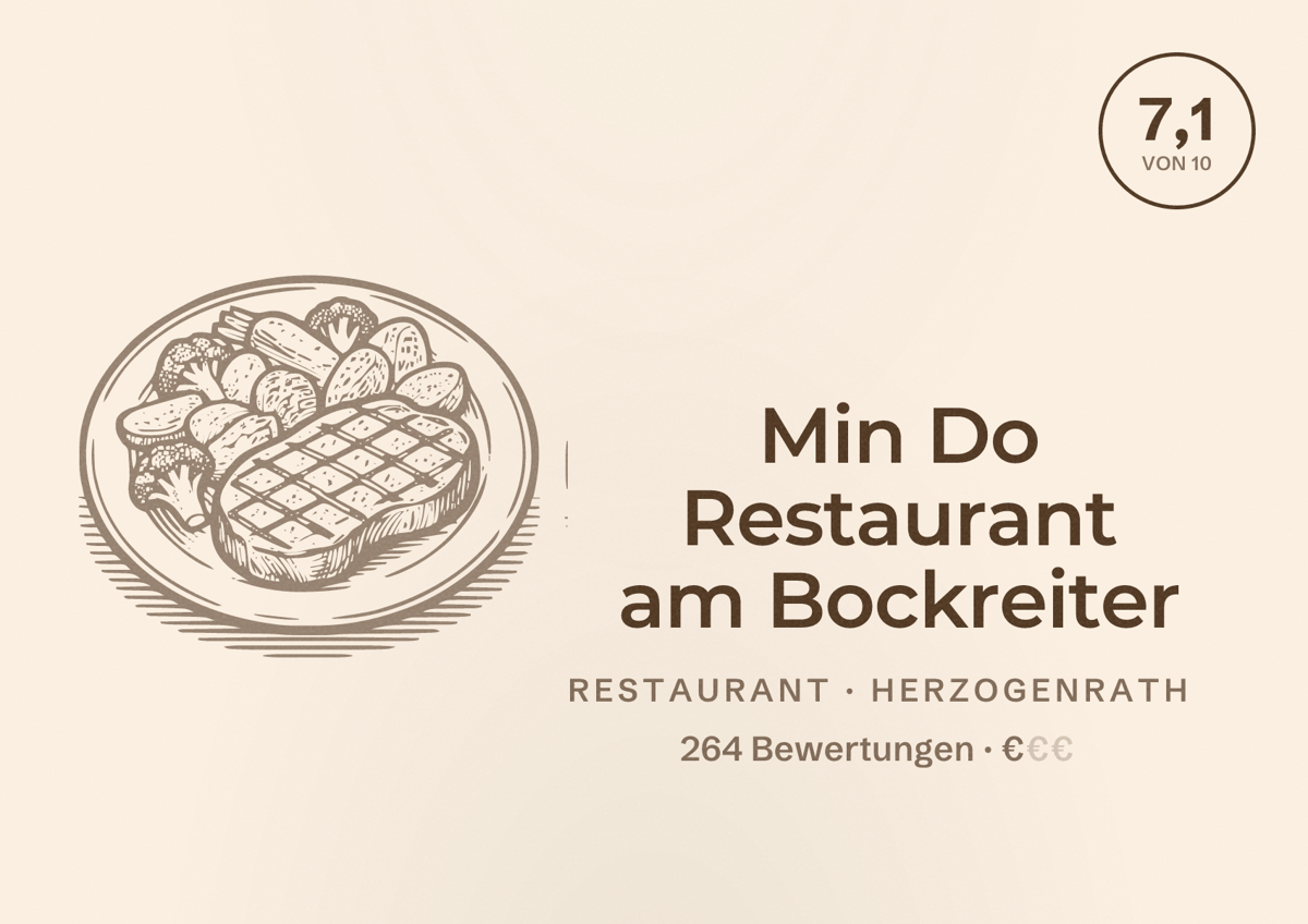 Illustriertes Poster von Min Do Restaurant am Bockreiter, Restaurant in Herzogenrath: Bewertung 7,1 von 10 aus 264 Bewertungen, Preisniveau €