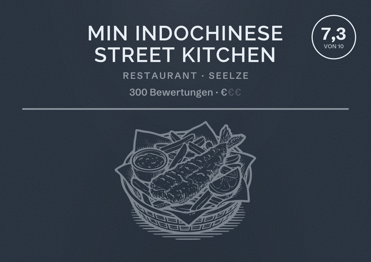 Illustriertes Poster von MIN Indochinese Street Kitchen, Restaurant in Seelze: Bewertung 7,3 von 10 aus 300 Bewertungen, Preisniveau €