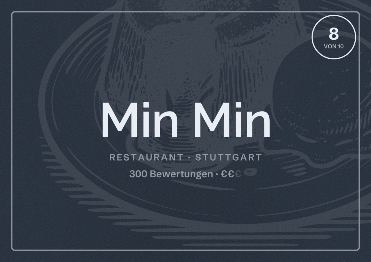 Illustriertes Poster von Min Min, Restaurant in Stuttgart: Bewertung 8,0 von 10 aus 300 Bewertungen, Preisniveau €€