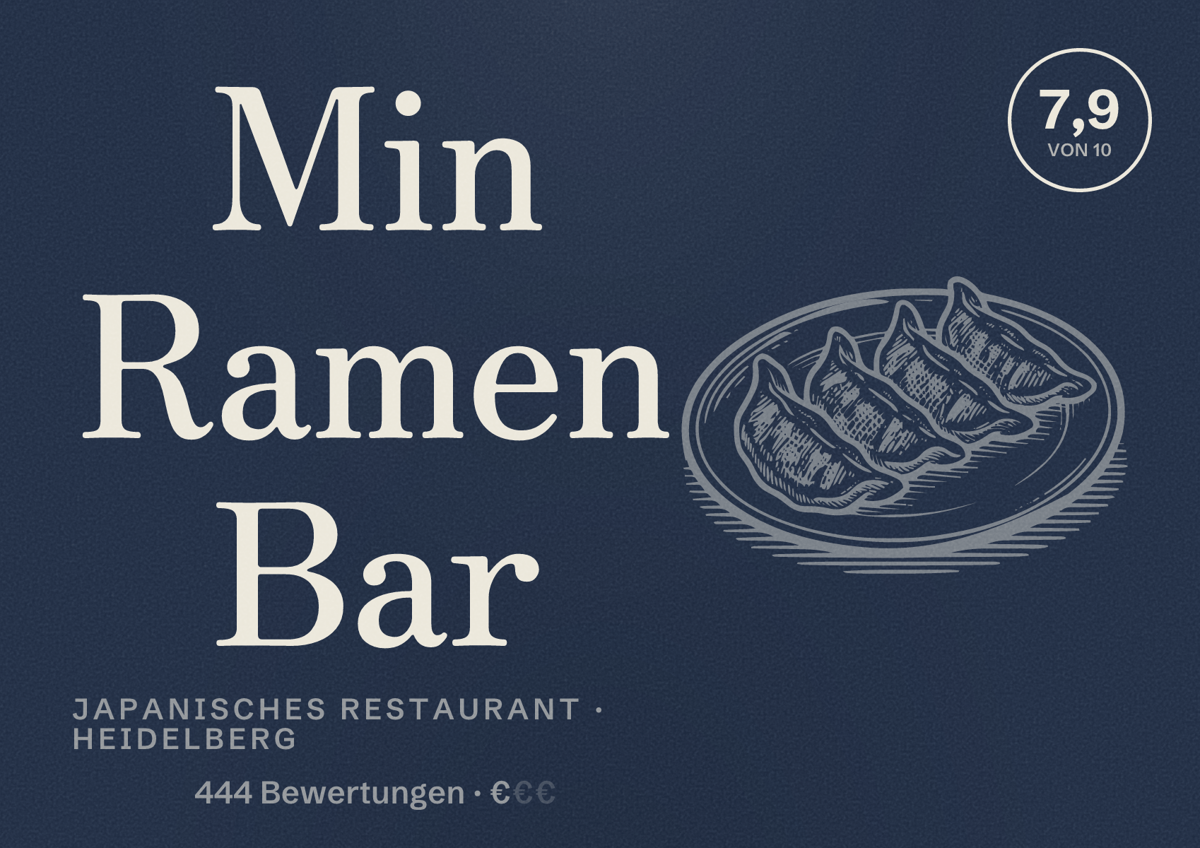 Illustriertes Poster von Min Ramen Bar, Japanisches Restaurant in Heidelberg: Bewertung 7,9 von 10 aus 444 Bewertungen, Preisniveau €
