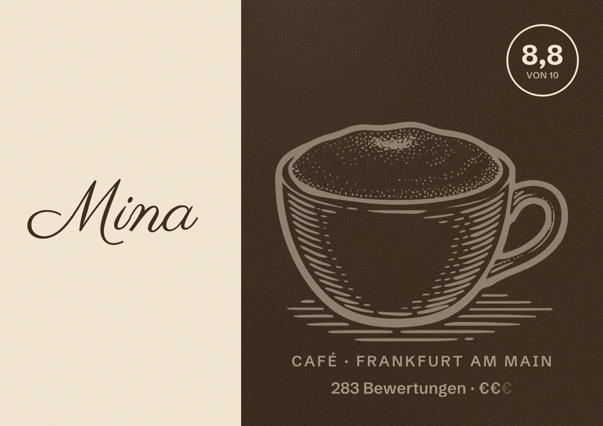 Illustriertes Poster von Mina, Café in Frankfurt am Main: Bewertung 8,8 von 10 aus 283 Bewertungen, Preisniveau €€