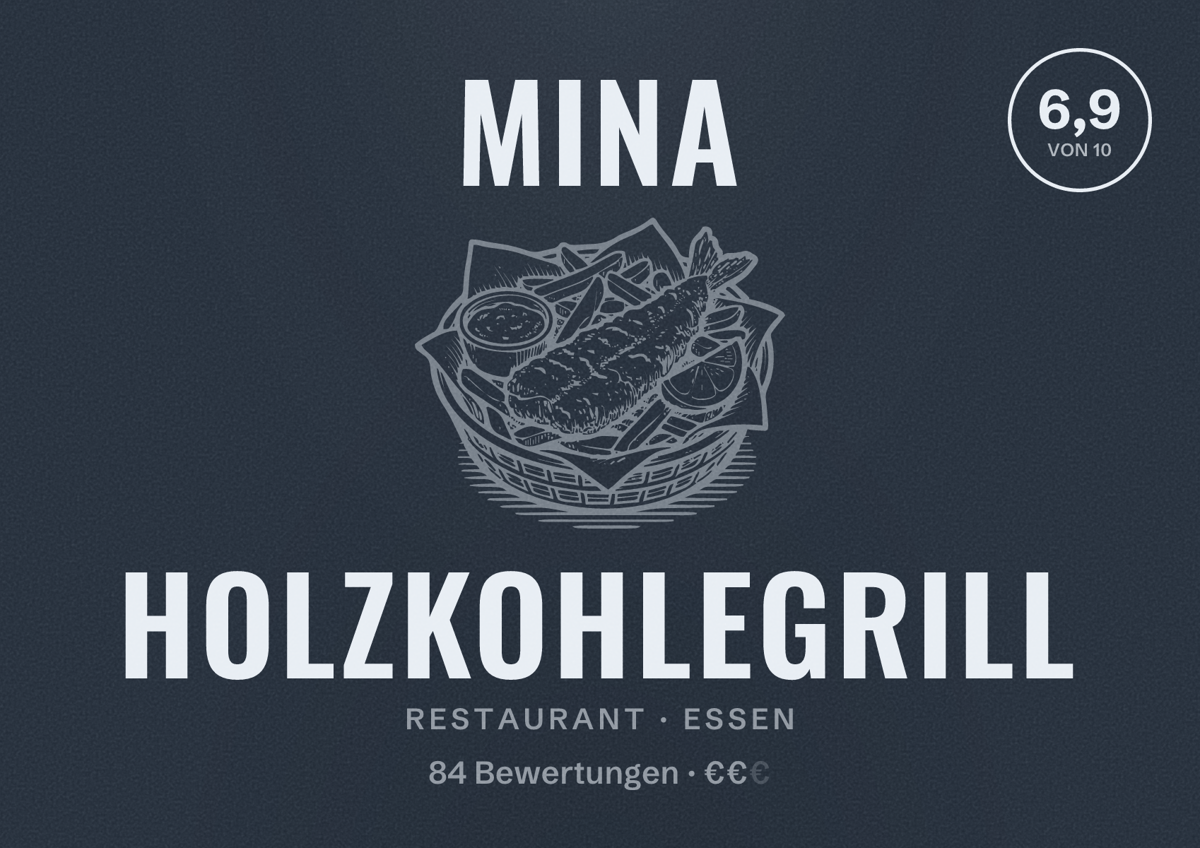 Illustriertes Poster von Mina Holzkohlegrill, Restaurant in Essen: Bewertung 6,9 von 10 aus 84 Bewertungen, Preisniveau €€