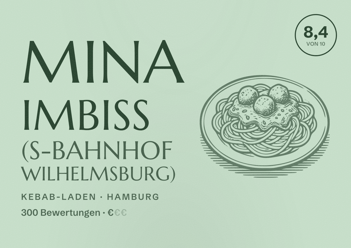 Illustriertes Poster von Mina Imbiss (S-Bahnhof Wilhelmsburg), Kebab-Laden in Hamburg: Bewertung 8,4 von 10 aus 300 Bewertungen, Preisniveau €