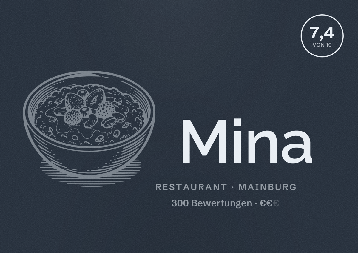 Illustriertes Poster von Mina, Restaurant in Mainburg: Bewertung 7,4 von 10 aus 300 Bewertungen, Preisniveau €€