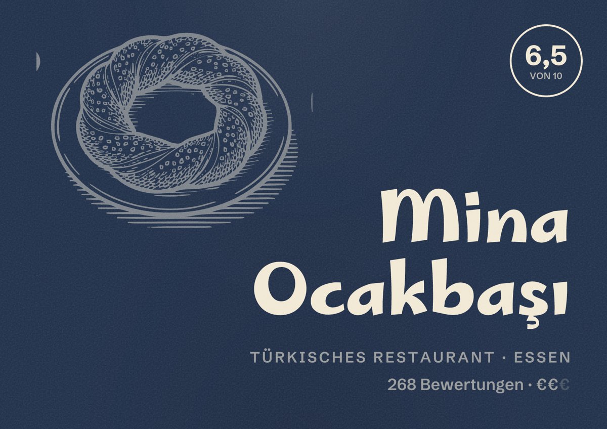 Illustriertes Poster von Mina Ocakbaşı, Türkisches Restaurant in Essen: Bewertung 6,5 von 10 aus 268 Bewertungen, Preisniveau €€