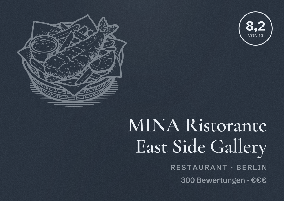 Illustriertes Poster von MINA Ristorante East Side Gallery, Restaurant in Berlin: Bewertung 8,2 von 10 aus 300 Bewertungen, Preisniveau €€€