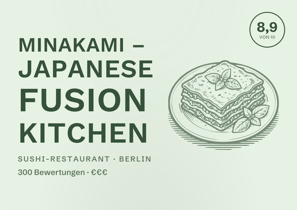 Illustriertes Poster von Minakami – Japanese Fusion Kitchen, Sushi-Restaurant in Berlin: Bewertung 8,9 von 10 aus 300 Bewertungen, Preisniveau €€€