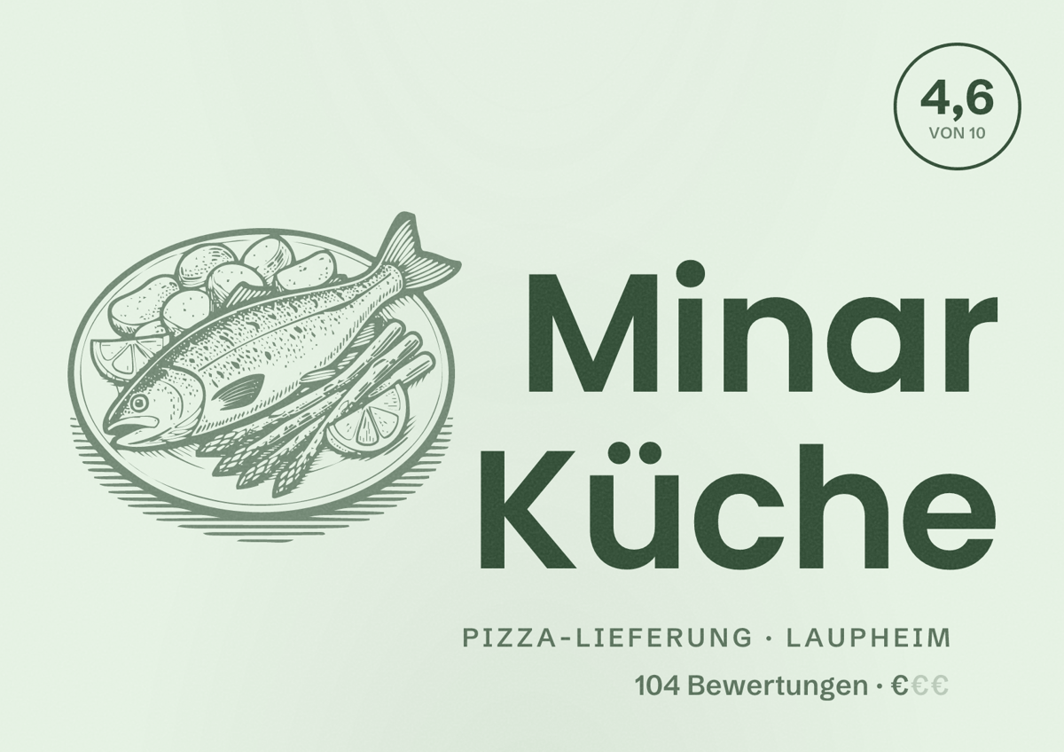Illustriertes Poster von Minar Küche, Pizza-Lieferung in Laupheim: Bewertung 4,6 von 10 aus 104 Bewertungen, Preisniveau €