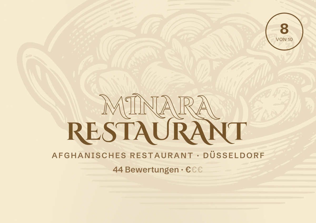 Illustriertes Poster von Minara Restaurant, Afghanisches Restaurant in Düsseldorf: Bewertung 8,0 von 10 aus 44 Bewertungen, Preisniveau €