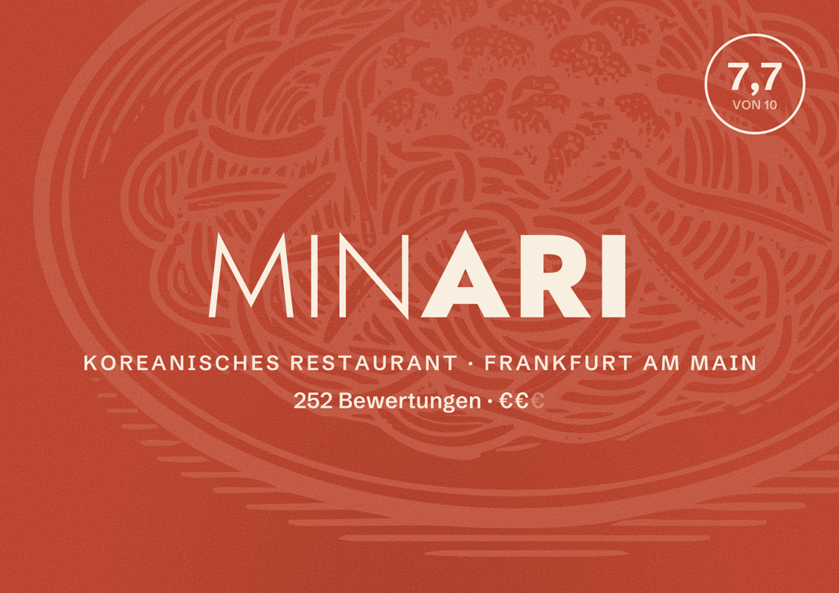 Illustriertes Poster von MINARI, Koreanisches Restaurant in Frankfurt am Main: Bewertung 7,7 von 10 aus 252 Bewertungen, Preisniveau €€