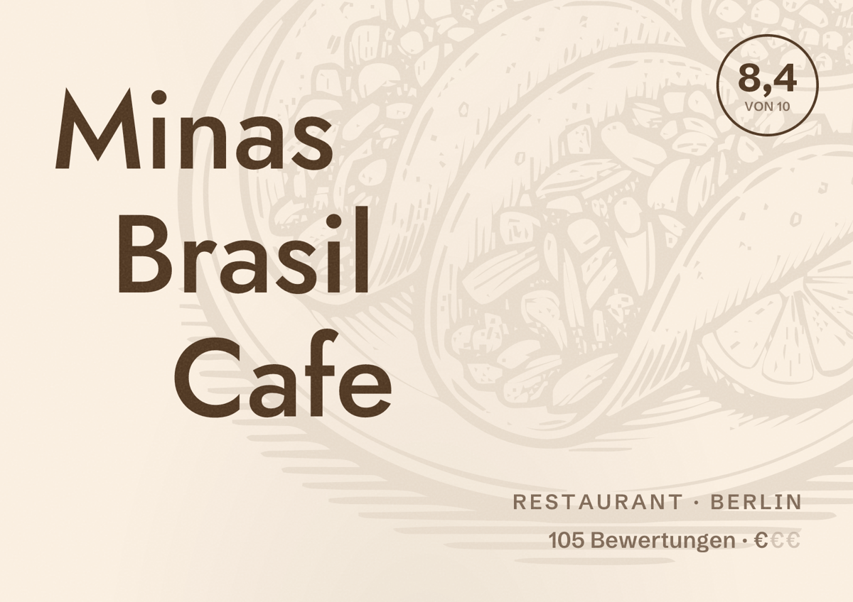 Illustriertes Poster von Minas Brasil Cafe, Restaurant in Berlin: Bewertung 8,4 von 10 aus 105 Bewertungen, Preisniveau €