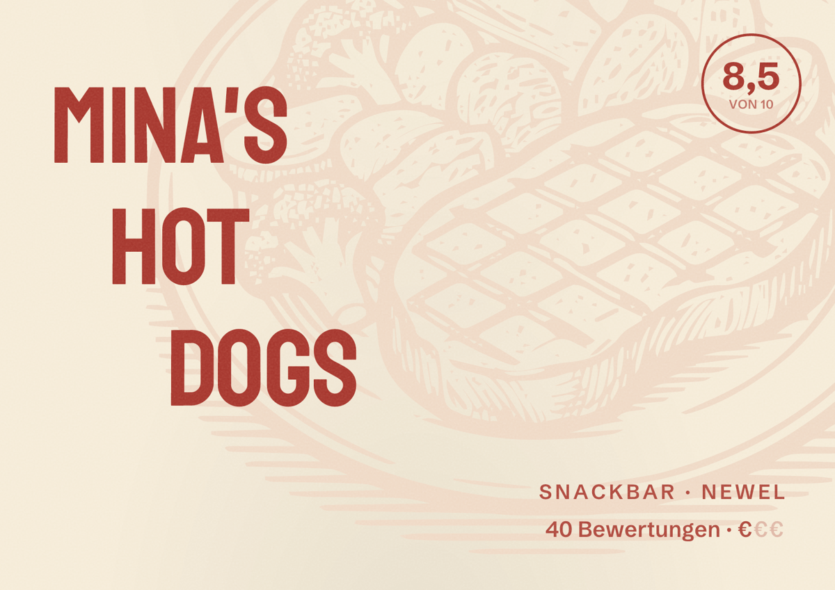 Illustriertes Poster von Mina's Hot Dogs, Snackbar in Newel: Bewertung 8,5 von 10 aus 40 Bewertungen, Preisniveau €