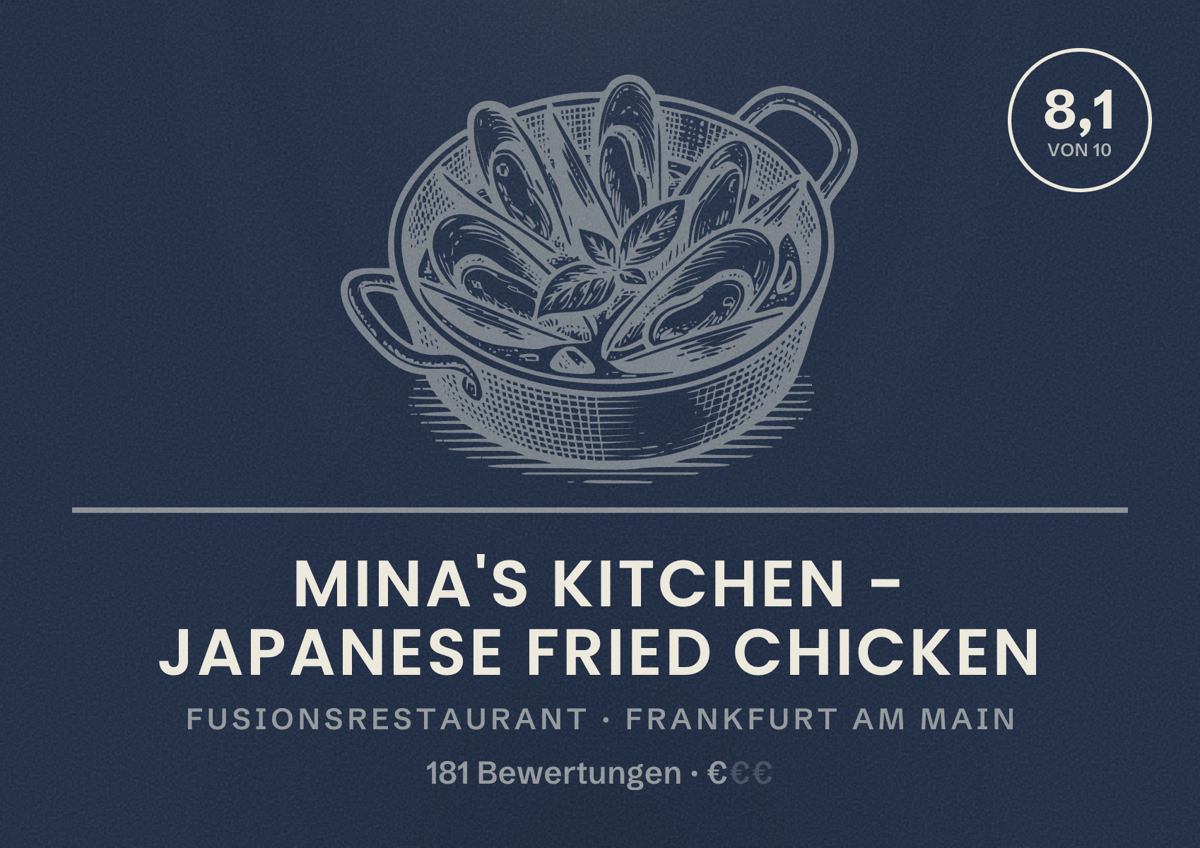 Illustriertes Poster von Mina's Kitchen - Japanese Fried Chicken, Fusionsrestaurant in Frankfurt am Main: Bewertung 8,1 von 10 aus 181 Bewertungen, Preisniveau €