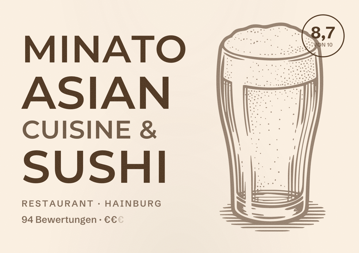 Illustriertes Poster von Minato Asian Cuisine & Sushi, Restaurant in Hainburg: Bewertung 8,7 von 10 aus 94 Bewertungen, Preisniveau €€