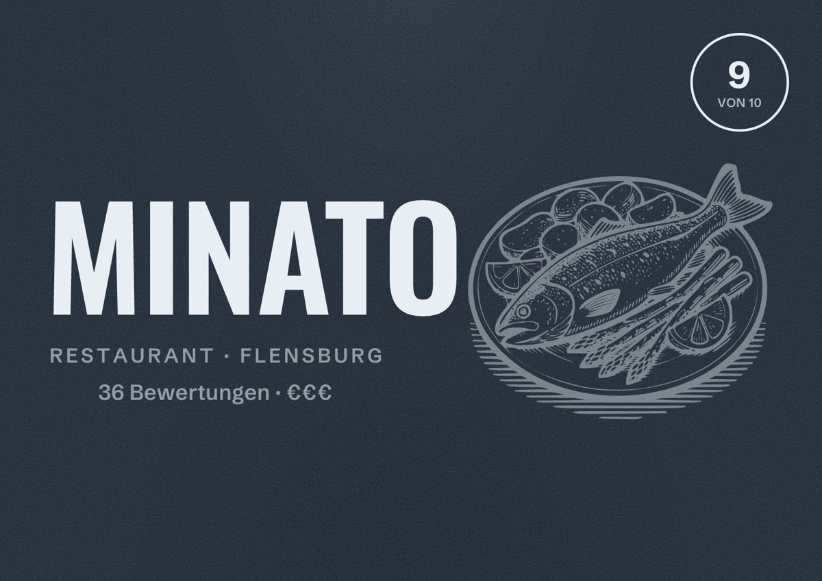 Illustriertes Poster von MINATO, Restaurant in Flensburg: Bewertung 9 von 10 aus 36 Bewertungen, Preisniveau €€€