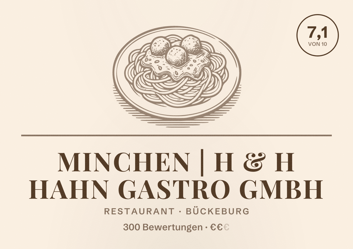 Illustriertes Poster von Minchen | H & H Hahn Gastro GmbH, Restaurant in Bückeburg: Bewertung 7,1 von 10 aus 300 Bewertungen, Preisniveau €€