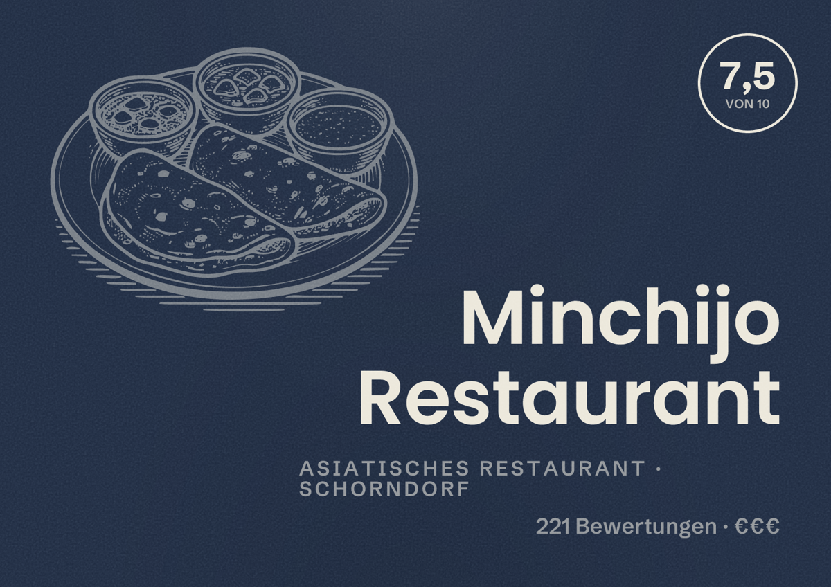 Illustriertes Poster von Minchijo Restaurant, Asiatisches Restaurant in Schorndorf: Bewertung 7,5 von 10 aus 221 Bewertungen, Preisniveau €€€