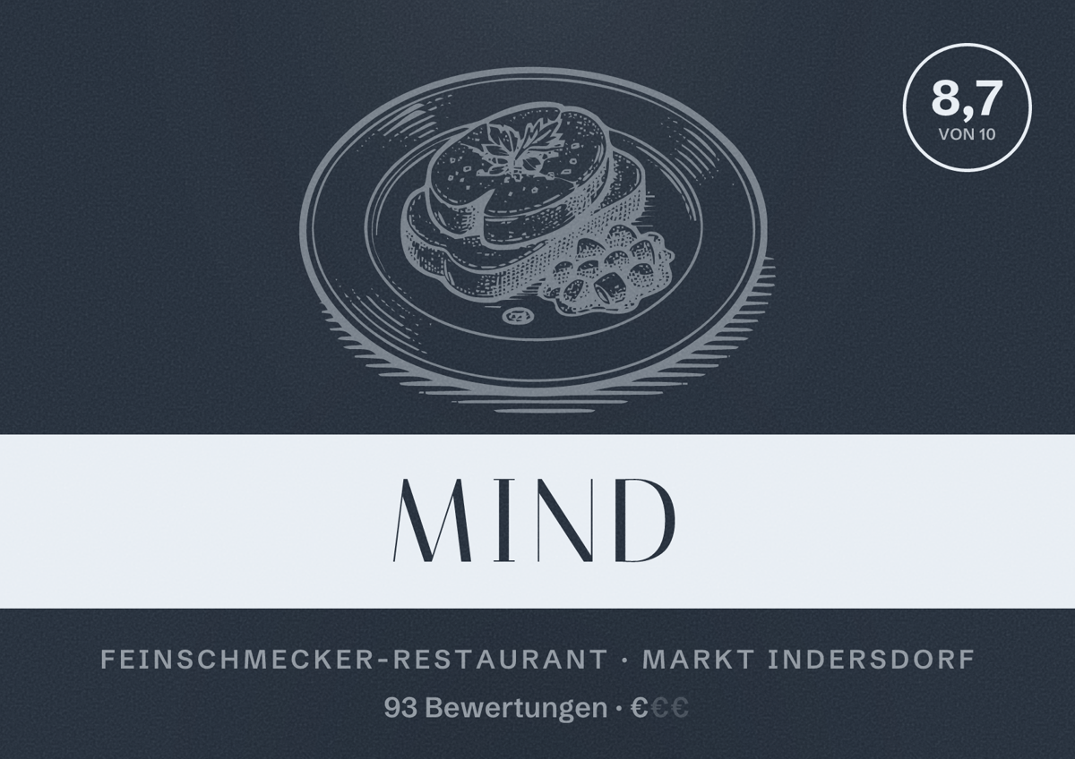 Illustriertes Poster von MIND, Feinschmecker-Restaurant in Markt Indersdorf: Bewertung 8,7 von 10 aus 93 Bewertungen, Preisniveau €