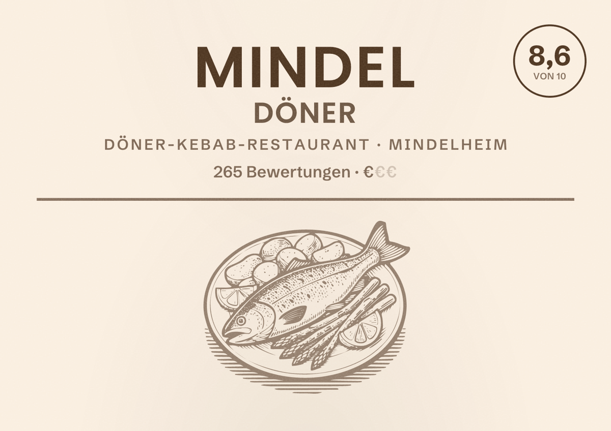 Illustriertes Poster von Mindel Döner, Döner-Kebab-Restaurant in Mindelheim: Bewertung 8,6 von 10 aus 265 Bewertungen, Preisniveau €