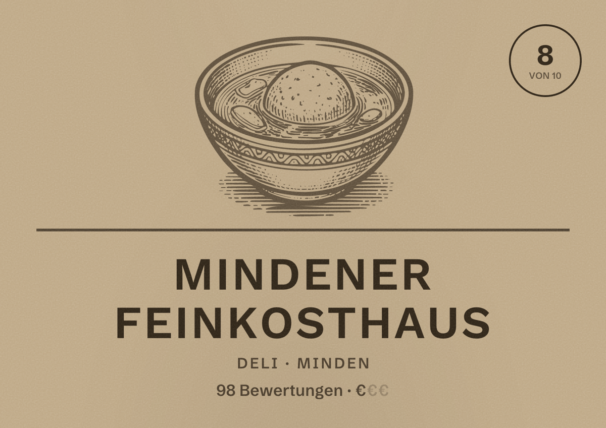 Illustriertes Poster von Mindener Feinkosthaus, Deli in Minden: Bewertung 8 von 10 aus 98 Bewertungen, Preisniveau €