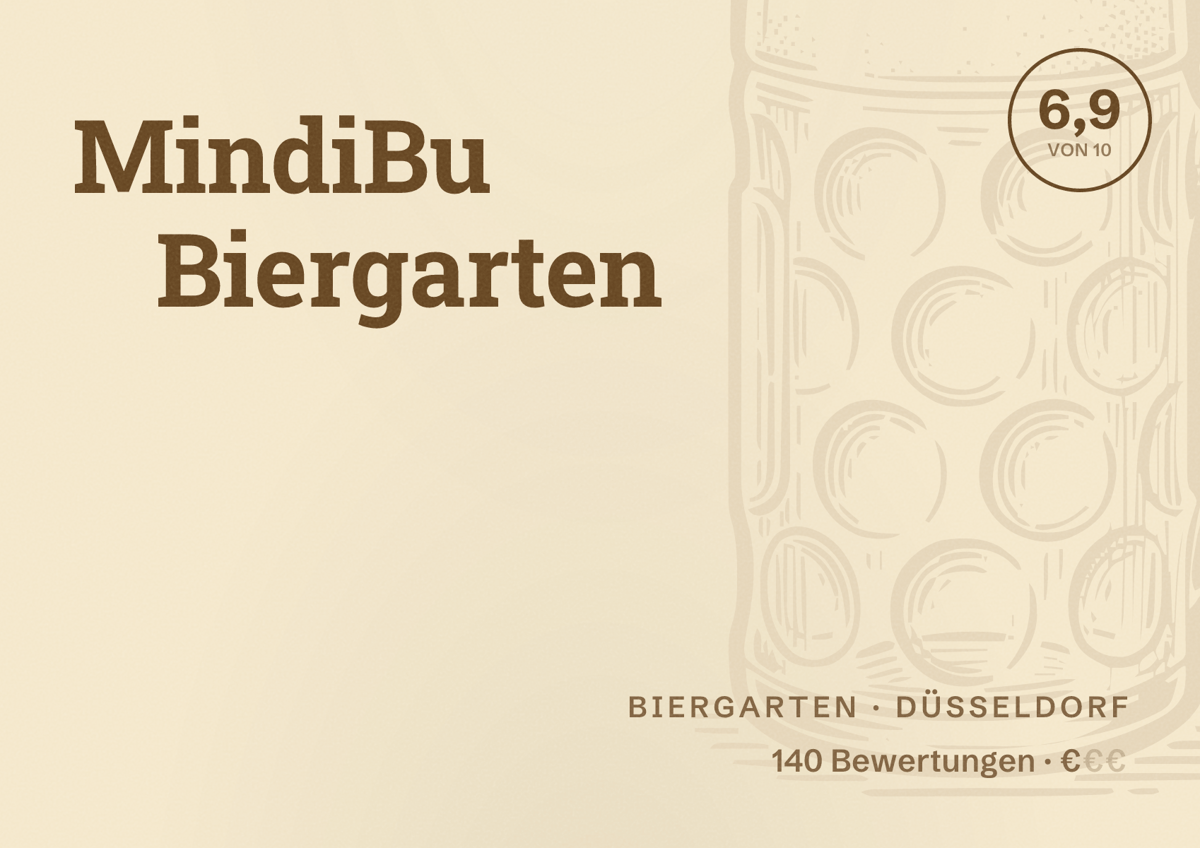 Illustriertes Poster von MindiBu Biergarten, Biergarten in Düsseldorf: Bewertung 6,9 von 10 aus 140 Bewertungen, Preisniveau €