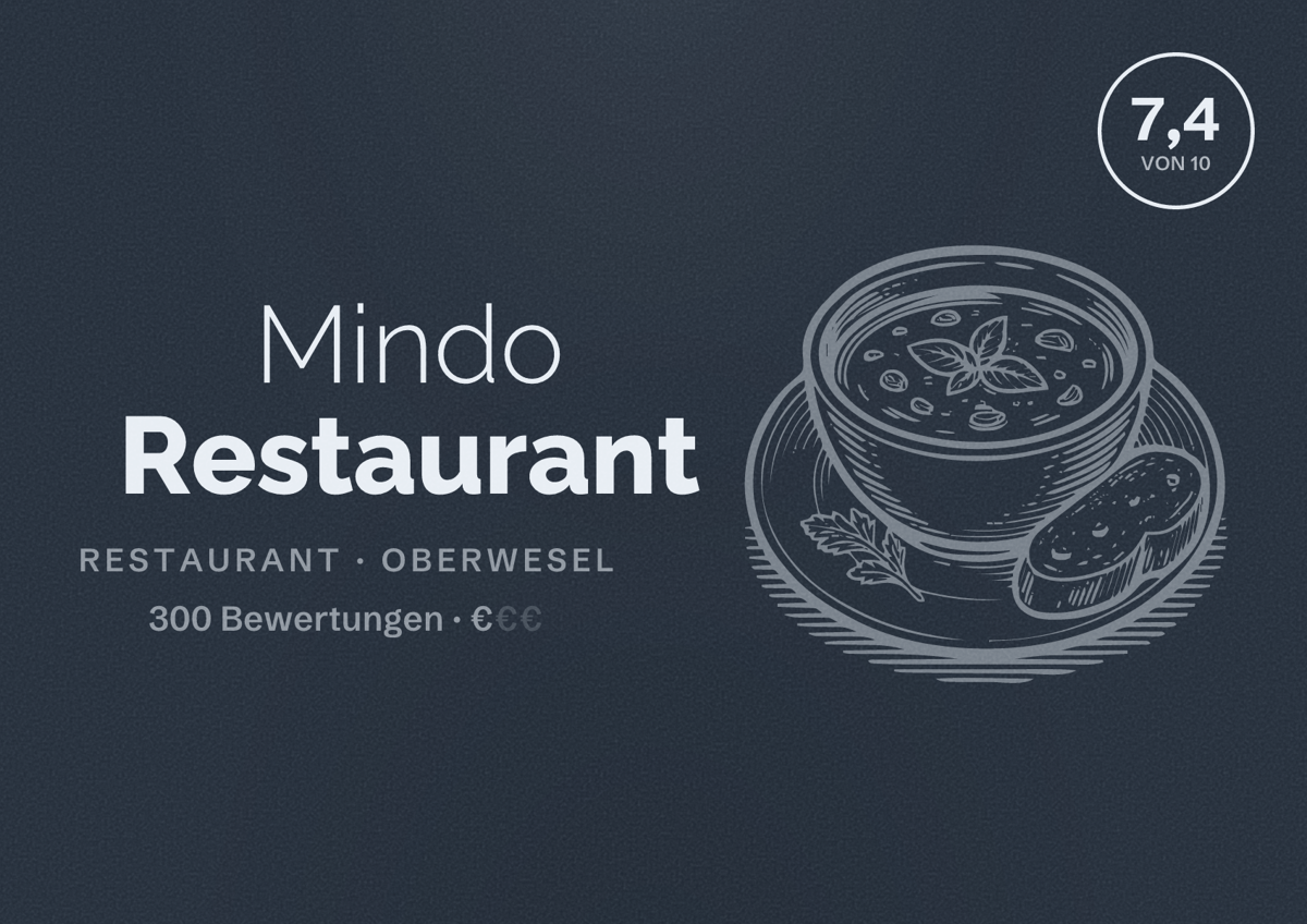 Illustriertes Poster von Mindo Restaurant, Restaurant in Oberwesel: Bewertung 7,4 von 10 aus 300 Bewertungen, Preisniveau €