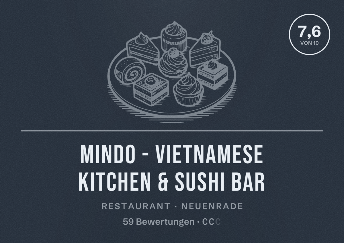 Illustriertes Poster von Mindo - Vietnamese Kitchen & Sushi Bar, Restaurant in Neuenrade: Bewertung 7,6 von 10 aus 59 Bewertungen, Preisniveau €€
