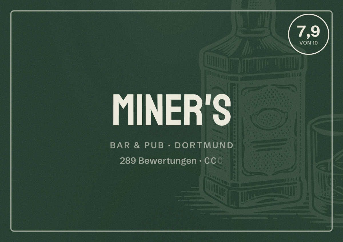 Illustriertes Poster von Miner's, Bar & Pub in Dortmund: Bewertung 7,9 von 10 aus 289 Bewertungen, Preisniveau €€