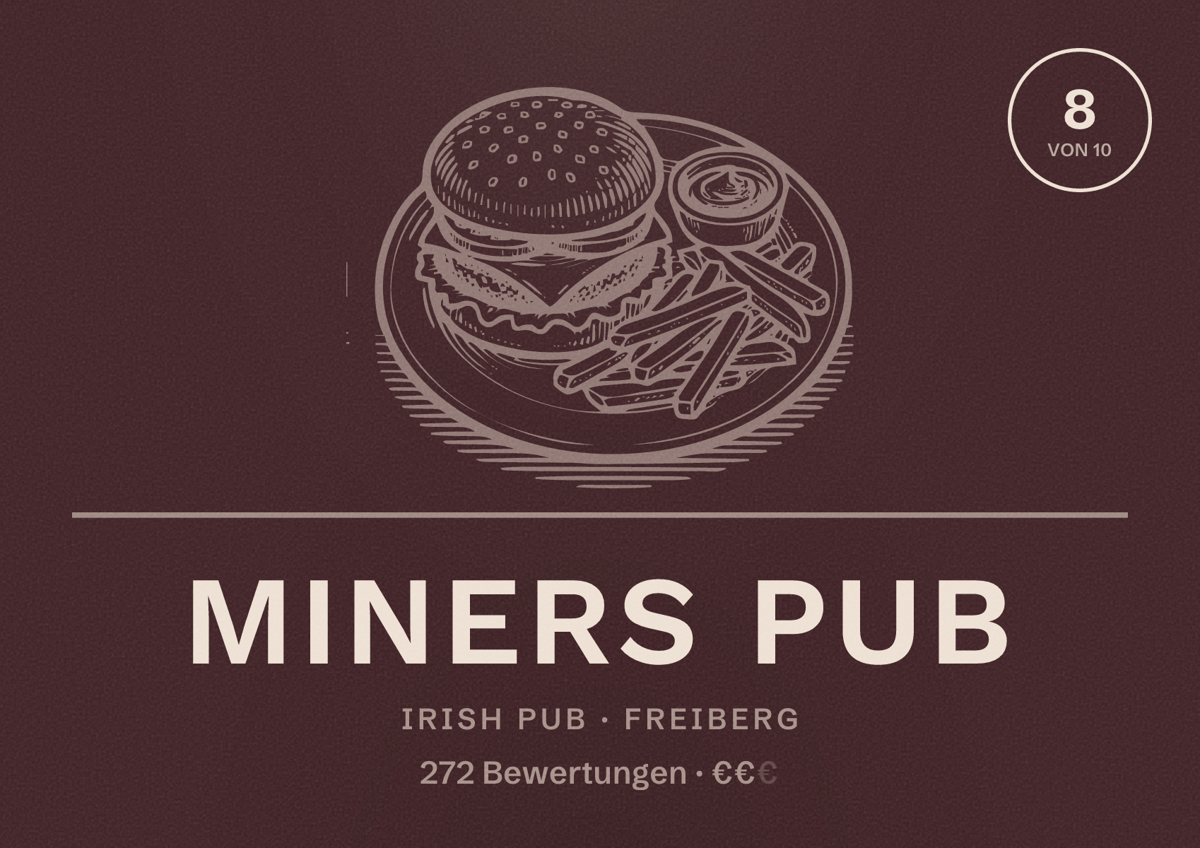 Illustriertes Poster von Miners Pub, Irish Pub in Freiberg: Bewertung 8 von 10 aus 272 Bewertungen, Preisniveau €€