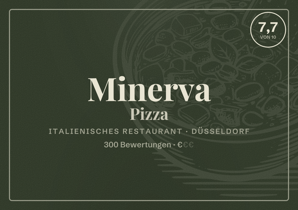 Illustriertes Poster von Minerva Pizza, Italienisches Restaurant in Düsseldorf: Bewertung 7,7 von 10 aus 300 Bewertungen, Preisniveau €