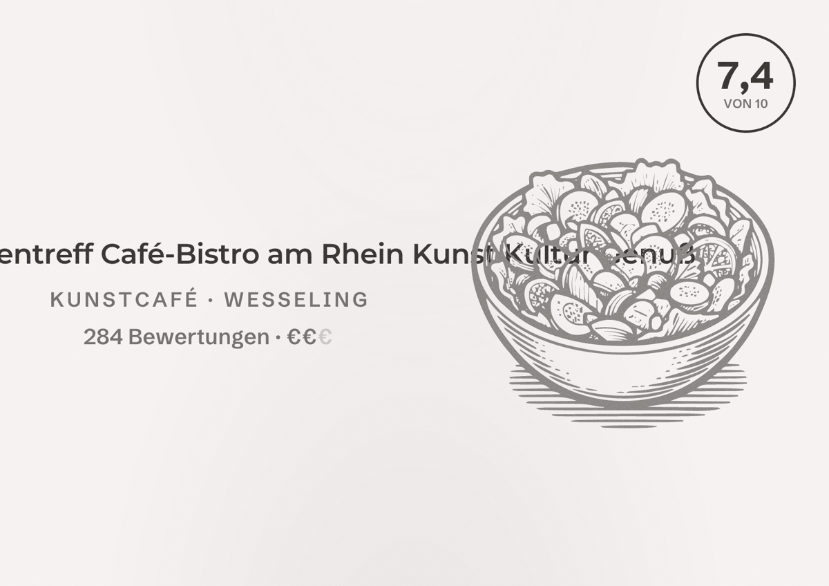 Illustriertes Poster von Mines Spatzentreff Café-Bistro am Rhein Kunst Kultur Genuß, Kunstcafé in Wesseling: Bewertung 7,4 von 10 aus 284 Bewertungen, Preisniveau €€