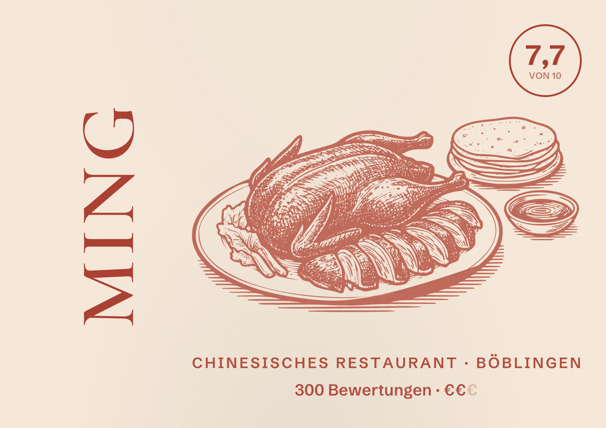 Illustriertes Poster von Ming, Chinesisches Restaurant in Böblingen: Bewertung 7,7 von 10 aus 300 Bewertungen, Preisniveau €€
