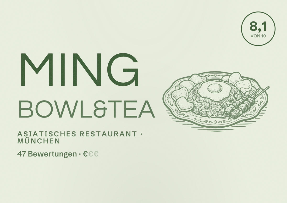 Illustriertes Poster von Ming Bowl&Tea, Asiatisches Restaurant in München: Bewertung 8,1 von 10 aus 47 Bewertungen, Preisniveau €