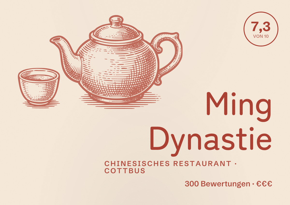 Illustriertes Poster von Ming Dynastie, Chinesisches Restaurant in Cottbus: Bewertung 7,3 von 10 aus 300 Bewertungen, Preisniveau €€€