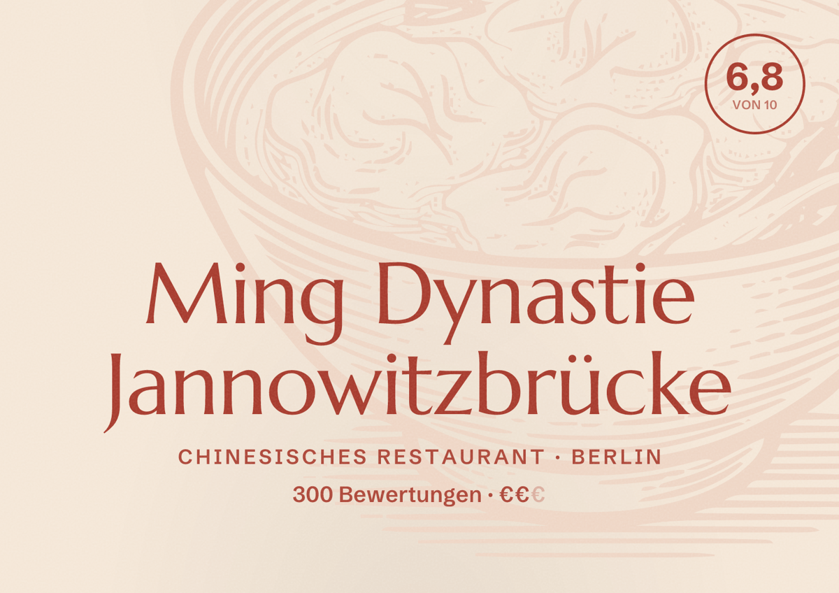 Illustriertes Poster von Ming Dynastie Jannowitzbrücke, Chinesisches Restaurant in Berlin: Bewertung 6,8 von 10 aus 300 Bewertungen, Preisniveau €€