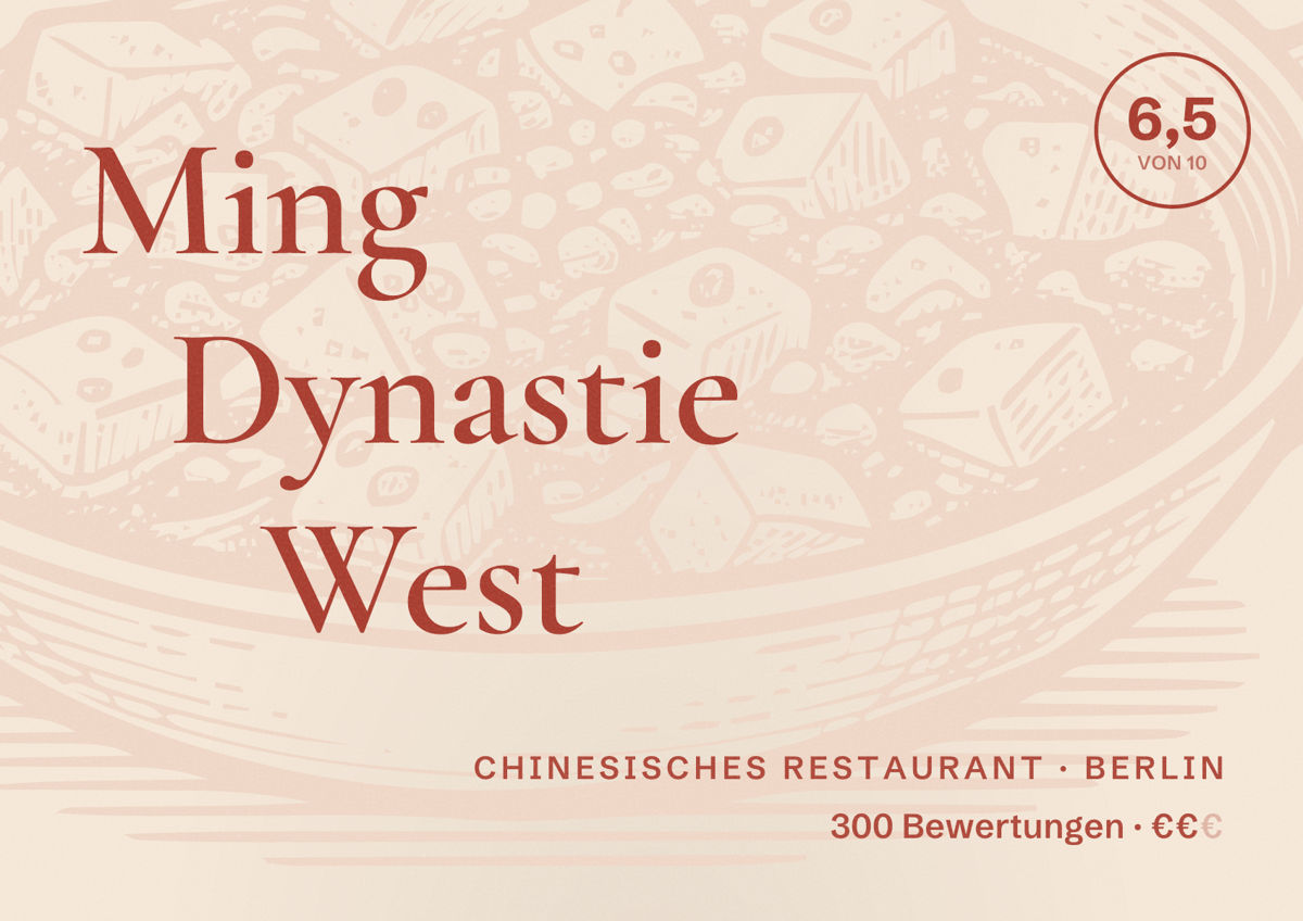 Illustriertes Poster von Ming Dynastie West, Chinesisches Restaurant in Berlin: Bewertung 6,5 von 10 aus 300 Bewertungen, Preisniveau €€